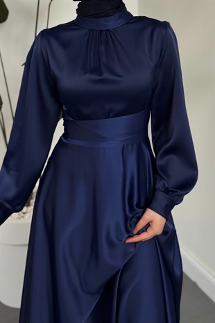 Ruby Grace Çapraz Saten Abiye Lacivert