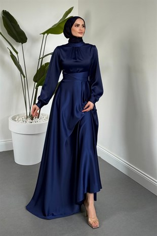 Ruby Grace Çapraz Saten Abiye Lacivert