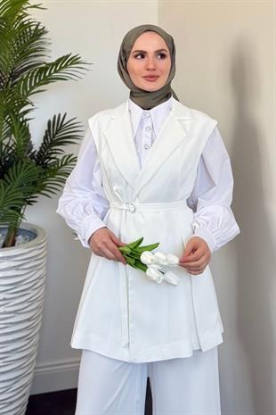 Ruha Yelekli Pantolon Takım Beyaz