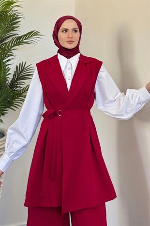 Ruha Yelekli Pantolon Takım Bordo