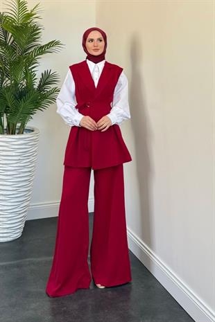 Ruha Yelekli Pantolon Takım Bordo
