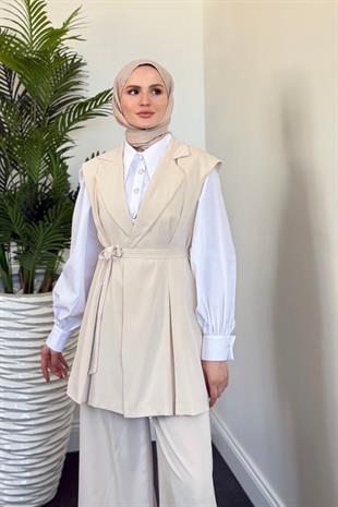 Ruha Yelekli Pantolon Takım Krem