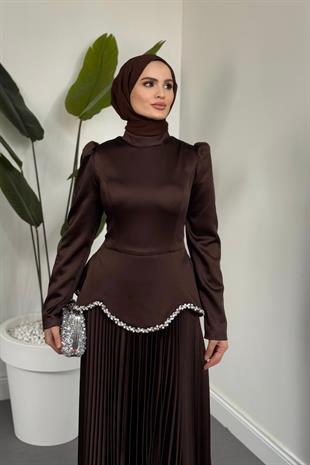 Sahar Belden Oturmalı Alt Kısmı Pliseli Abiye Kahverengi