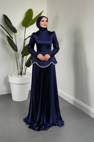 Sahar Belden Oturmalı Alt Kısmı Pliseli Abiye Lacivert