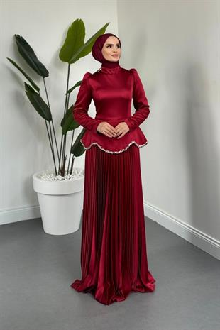 Sahar Belden Oturmalı Alt Kısmı Pliseli Abiye Bordo