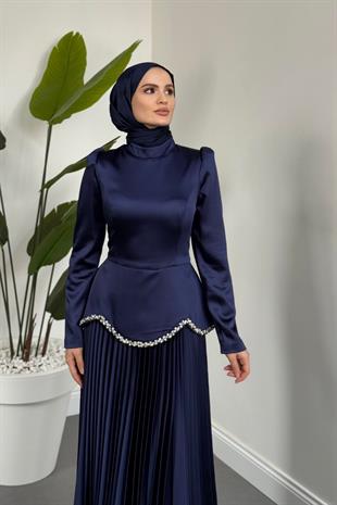 Sahar Belden Oturmalı Alt Kısmı Pliseli Abiye Lacivert