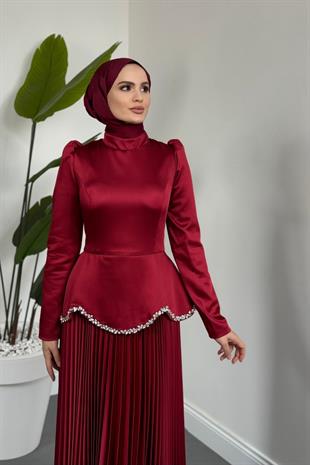 Sahar Belden Oturmalı Alt Kısmı Pliseli Abiye Bordo