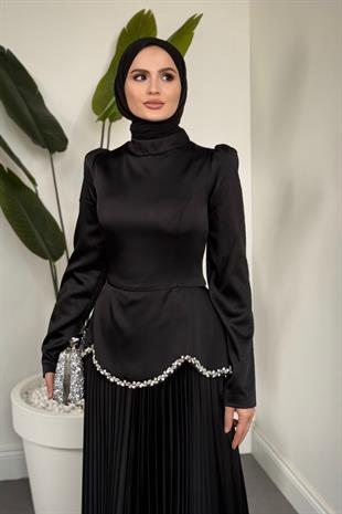 Sahar Belden Oturmalı Alt Kısmı Pliseli Abiye Siyah