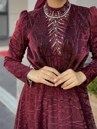 Şahmaran Önü Taşlı Abiye Bordo