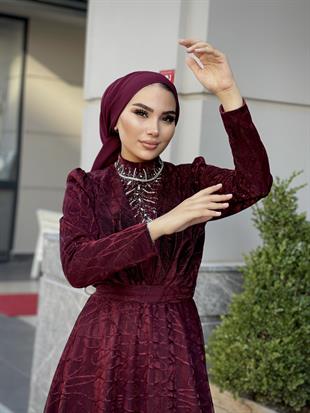 Şahmaran Önü Taşlı Abiye Bordo