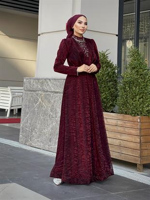 Şahmaran Önü Taşlı Abiye Bordo