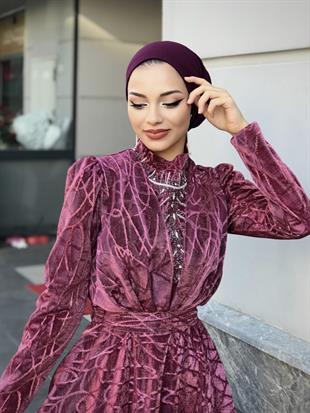 Şahmaran Önü Taşlı Abiye Fuşya