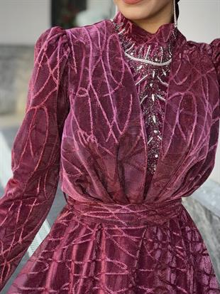 Şahmaran Önü Taşlı Abiye Fuşya