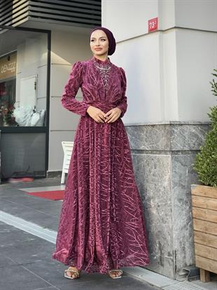 Şahmaran Önü Taşlı Abiye Fuşya