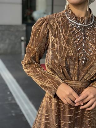 Şahmaran Önü Taşlı Abiye Gold