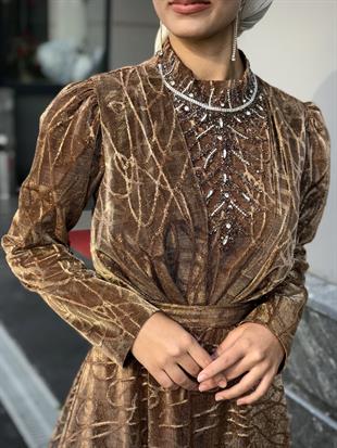 Şahmaran Önü Taşlı Abiye Gold