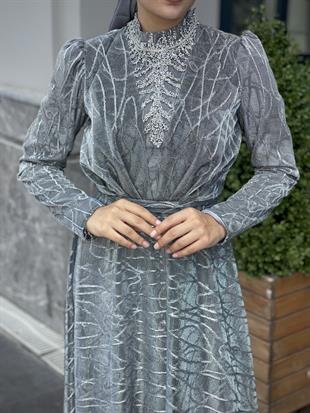 Şahmaran Önü Taşlı Abiye Gri