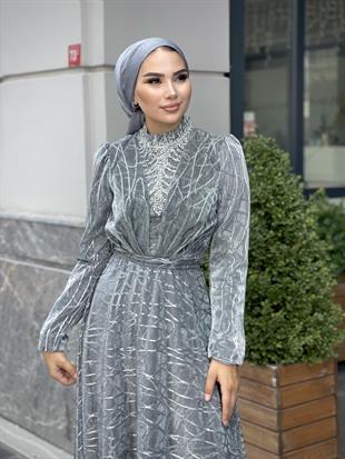 Şahmaran Önü Taşlı Abiye Gri