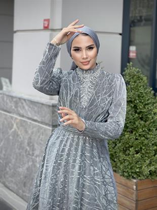 Şahmaran Önü Taşlı Abiye Gri