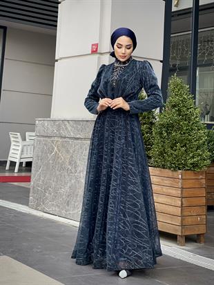 Şahmaran Önü Taşlı Abiye Lacivert