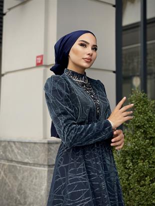 Şahmaran Önü Taşlı Abiye Lacivert