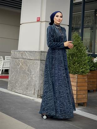 Şahmaran Önü Taşlı Abiye Lacivert