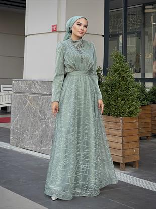 Şahmaran Önü Taşlı Abiye Mint