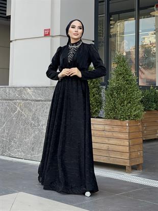 Şahmaran Önü Taşlı Abiye Siyah