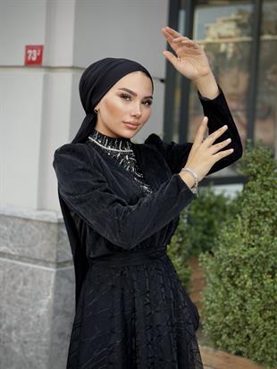 Şahmaran Önü Taşlı Abiye Siyah