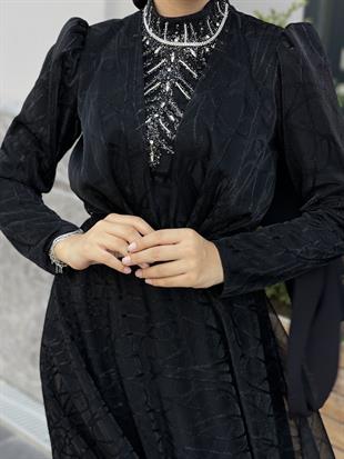 Şahmaran Önü Taşlı Abiye Siyah