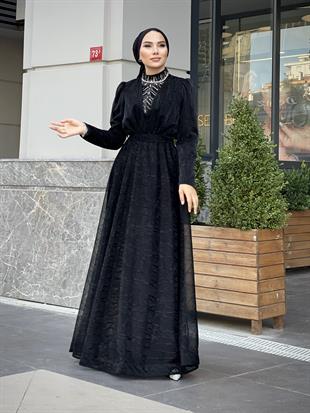 Şahmaran Önü Taşlı Abiye Siyah