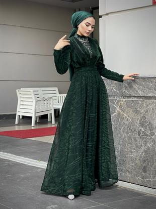 Şahmaran Önü Taşlı Abiye Zümrüt