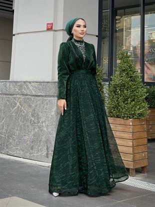 Şahmaran Önü Taşlı Abiye Zümrüt