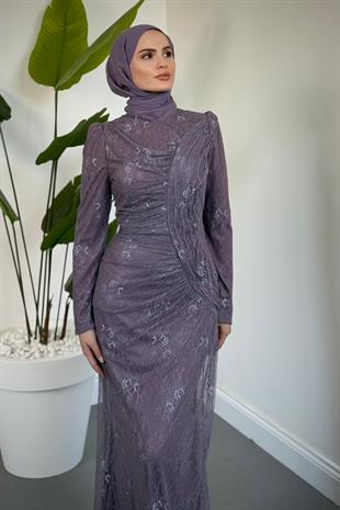 Sahra Dantel Kumaş Astarlı Balık Abiye Lila