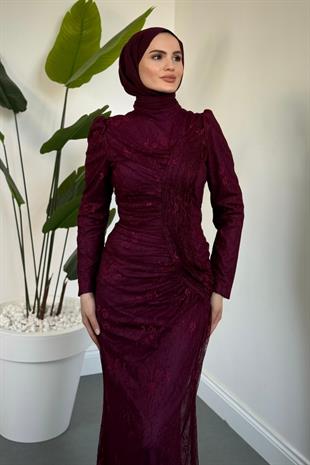Sahra Dantel Kumaş Astarlı Balık Abiye Mürdüm