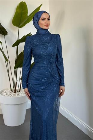 Sahra Dantel Kumaş Astarlı Balık Abiye İndigo