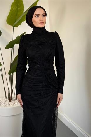 Sahra Dantel Kumaş Astarlı Balık Abiye Siyah