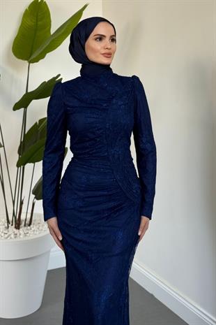 Sahra Dantel Kumaş Astarlı Balık Abiye Lacivert