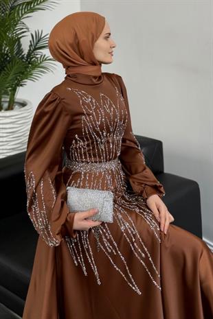 Şahsanem Önü Taşlı Saten Abiye Kahverengi