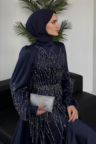 Şahsanem Önü Taşlı Saten Abiye Lacivert
