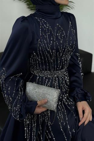 Şahsanem Önü Taşlı Saten Abiye Lacivert