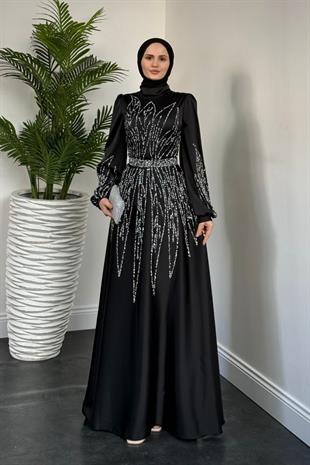 Şahsanem Önü Taşlı Saten Abiye Siyah