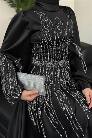 Şahsanem Önü Taşlı Saten Abiye Siyah