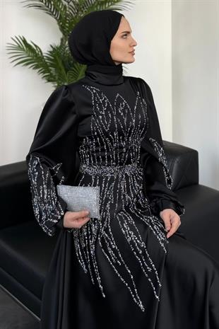 Şahsanem Önü Taşlı Saten Abiye Siyah