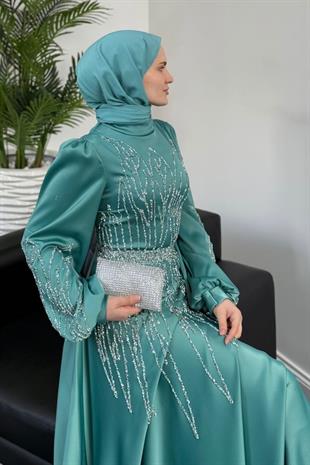 Şahsanem Önü Taşlı Saten Abiye Turkuaz