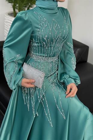 Şahsanem Önü Taşlı Saten Abiye Turkuaz