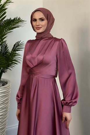 Samantha Önü Çapraz Detay Saten Abiye Gül Kurusu