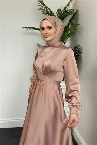 Samantha Önü Çapraz Detay Saten Abiye Pudra Pembesi