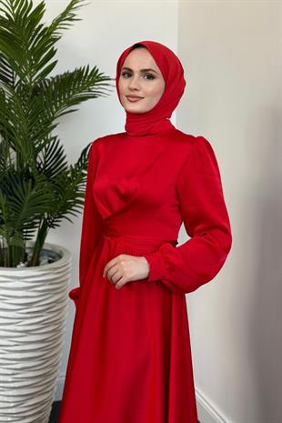 Samantha Önü Çapraz Detay Saten Abiye Kırmızı