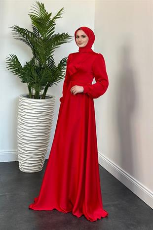 Samantha Önü Çapraz Detay Saten Abiye Kırmızı